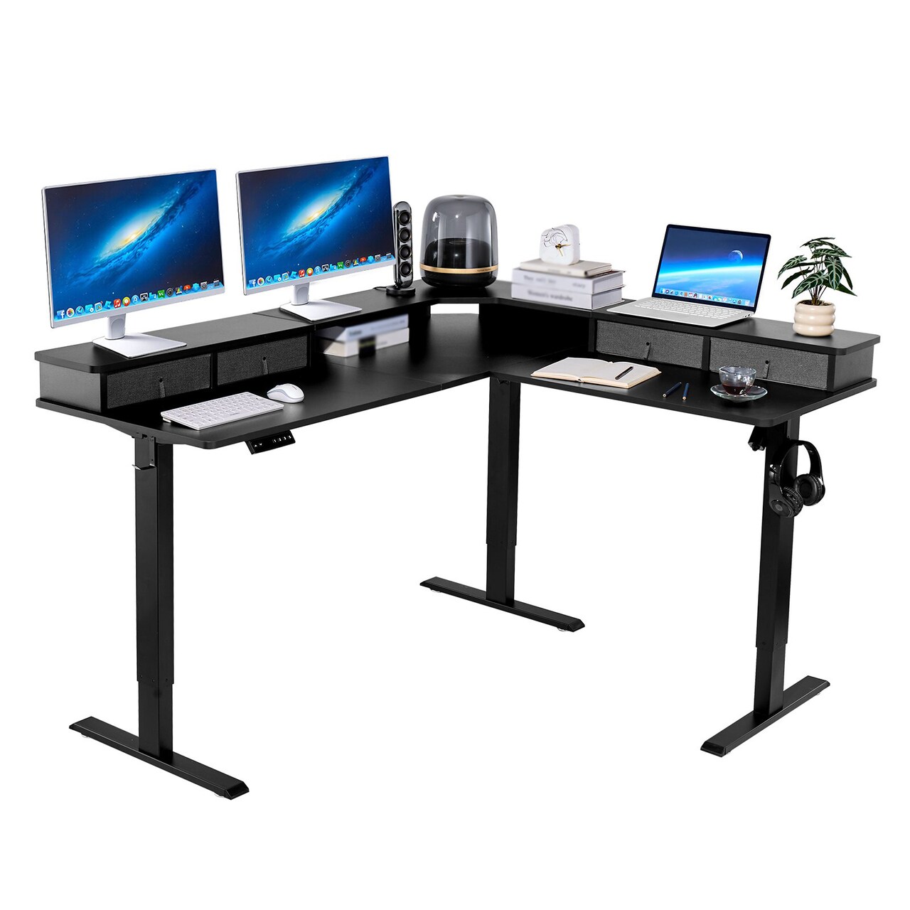 Electric L Shaped Desk with CPU Stand, Hooks, and Fabric Drawers